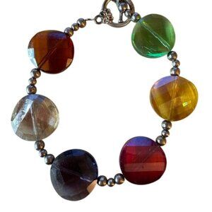 Multicolor Glass Bead Bracelet With Silver Tone Toggle Clasp